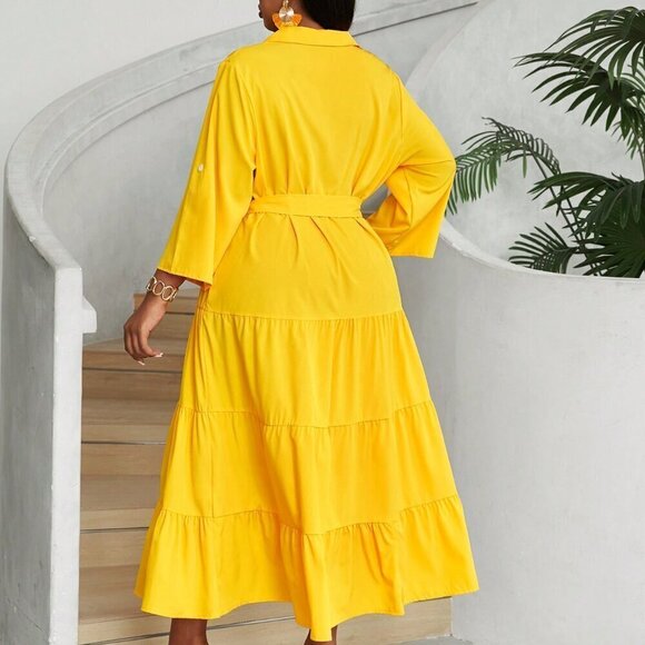Yellow Casual Women's Plus Size V-Neck Button-Front Long Sleeve Dress - Picture 2 of 6